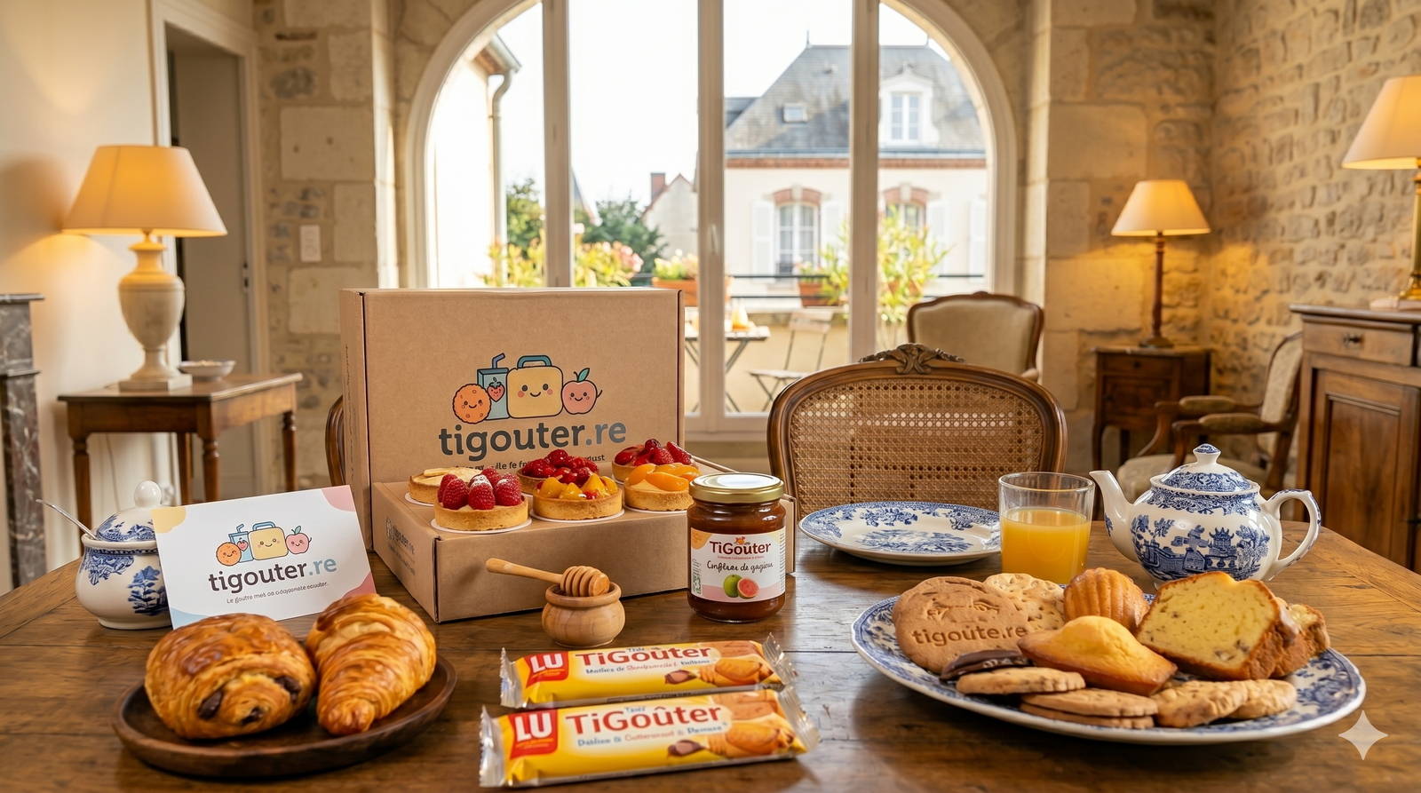 La box Ti Goûter ouverte avec biscuits, jus et fruits