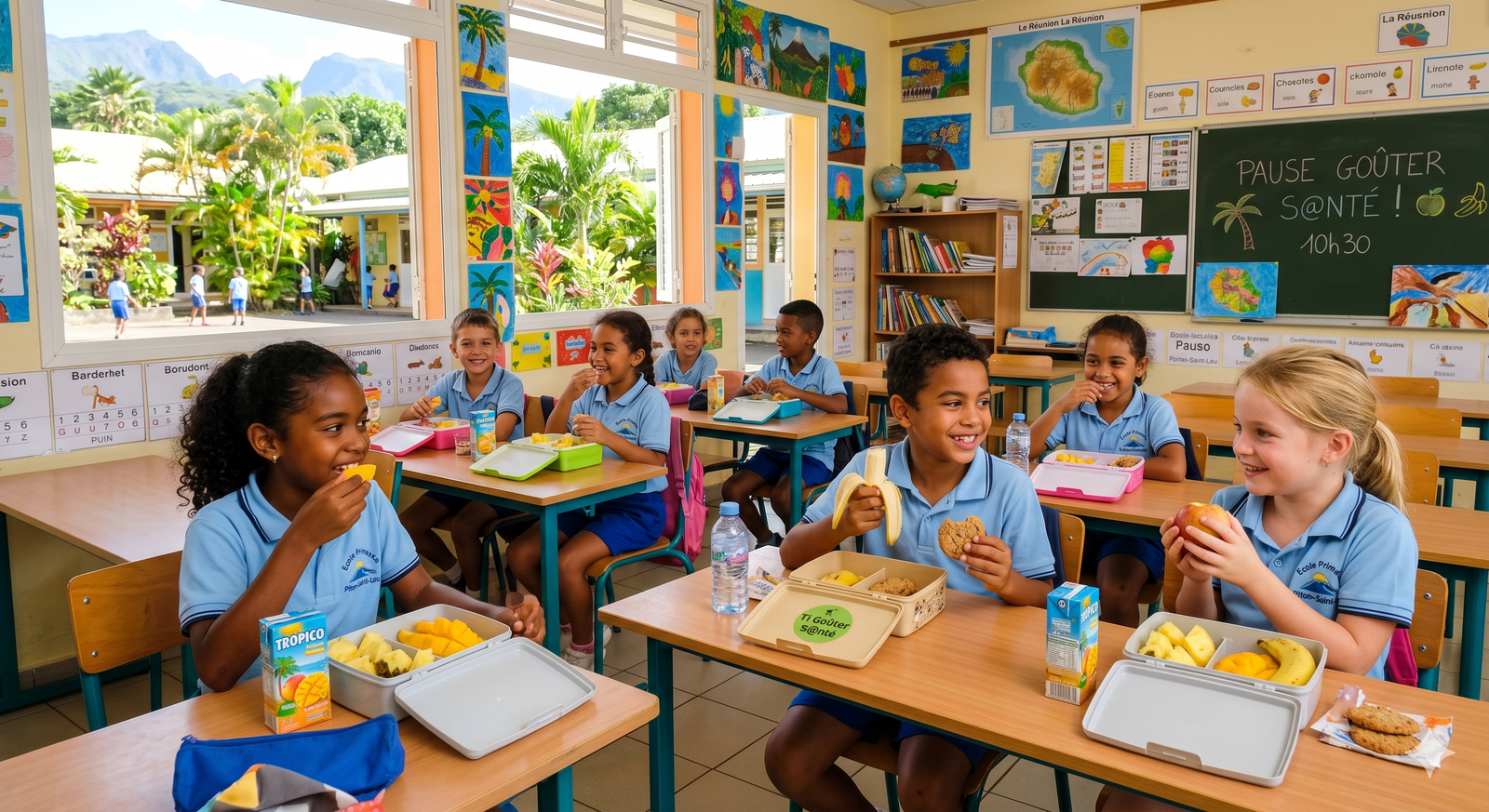 Enfants dans une classe réunionnaise savourant leur Ti Goûter
