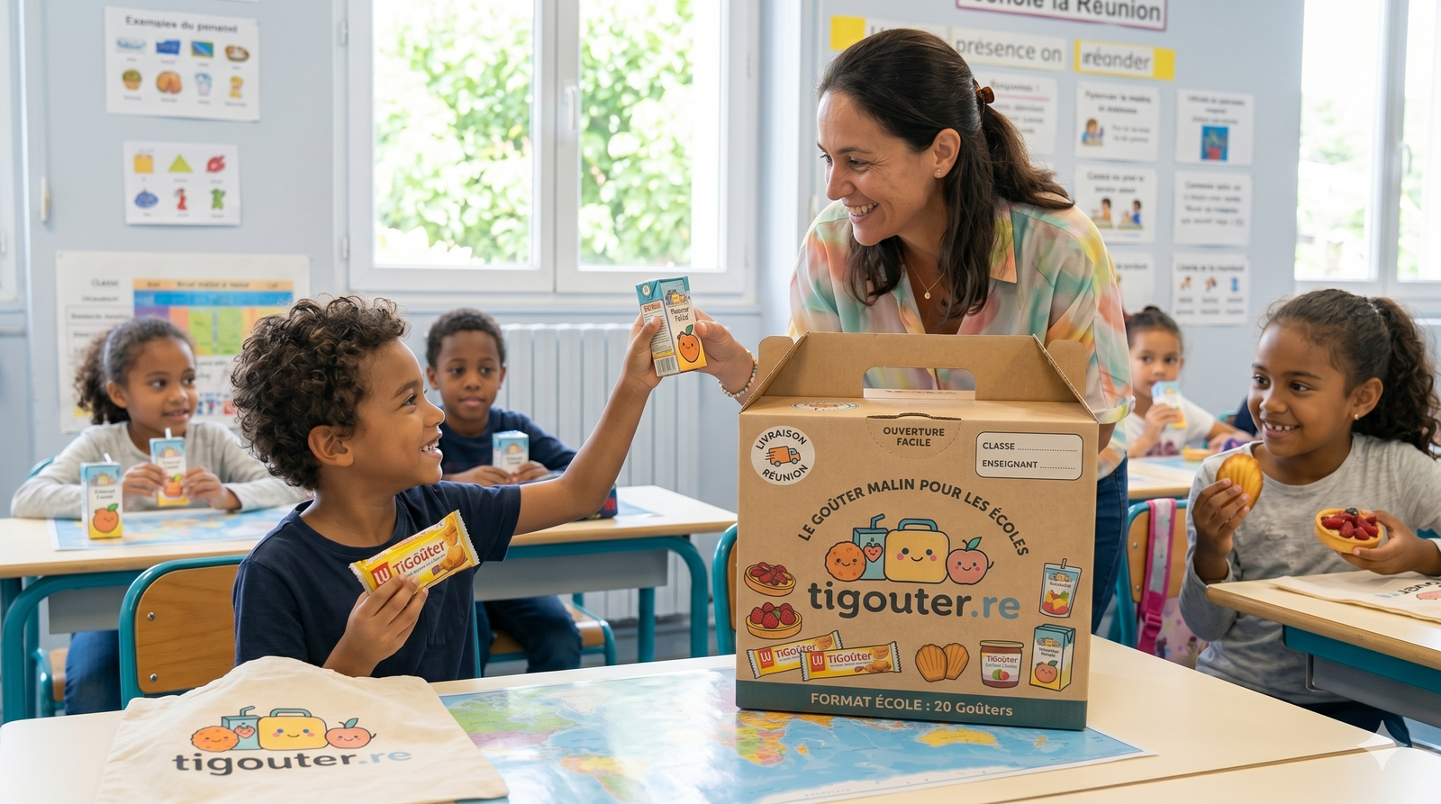Enseignante distribuant les Ti Goûter dans une classe réunionnaise