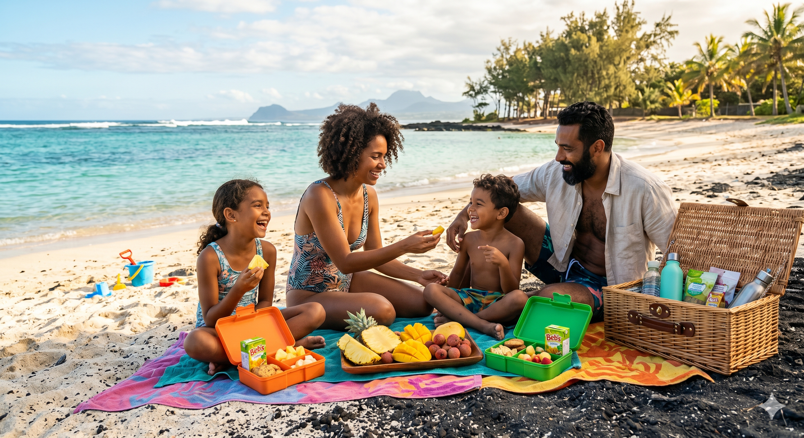 Famille réunionnaise profitant des Ti Goûter sur la plage