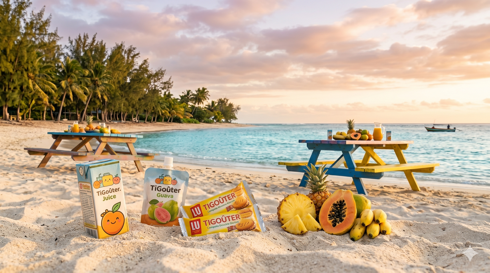 Produits Ti Goûter sur la plage de La Réunion au coucher de soleil